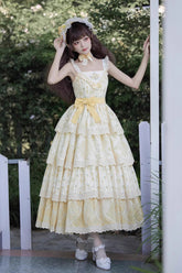 Yellow Multi-layer Sunflower Print Ruffle Embroidery Sweet Chinese Style Lolita Jsk Dress
